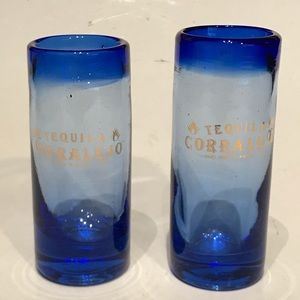 Tequila Corralejo Blue Shot Glass Gold Lettering 4" set of 2.